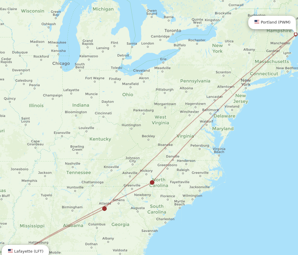 All flight routes from Portland to Lafayette, PWM to LFT - Flight Routes