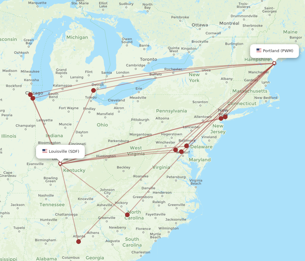 All Flight Routes From Portland To Louisville, PWM To SDF - Flight Routes