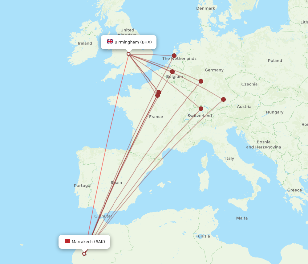 RAK to BHX flights and routes map