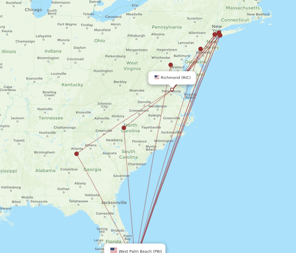 All flight routes from Richmond to West Palm Beach, RIC to PBI - Flight ...