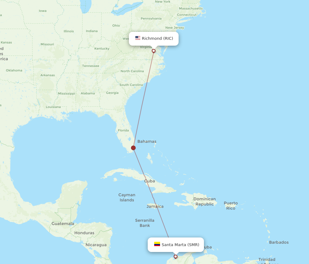 All flight routes from Richmond to Santa Marta, RIC to SMR - Flight Routes