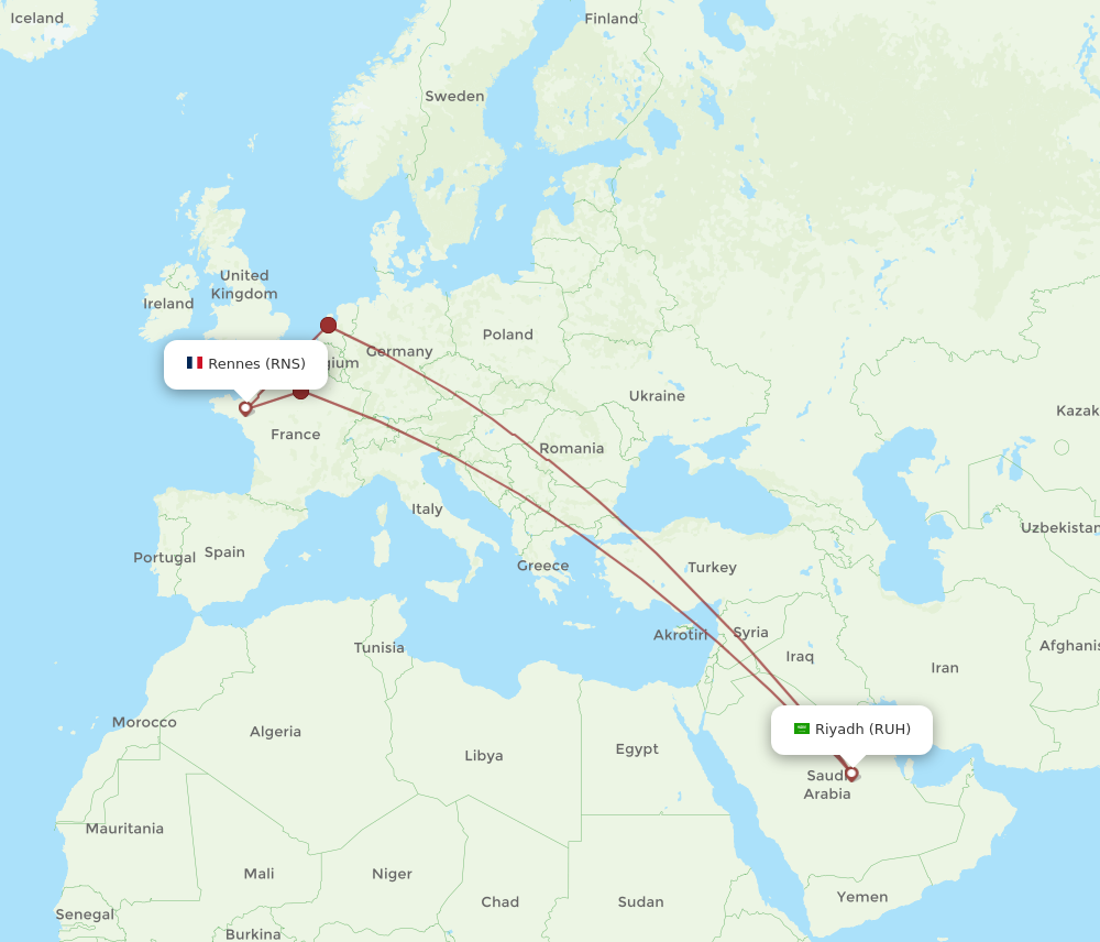 RNS to RUH flights and routes map