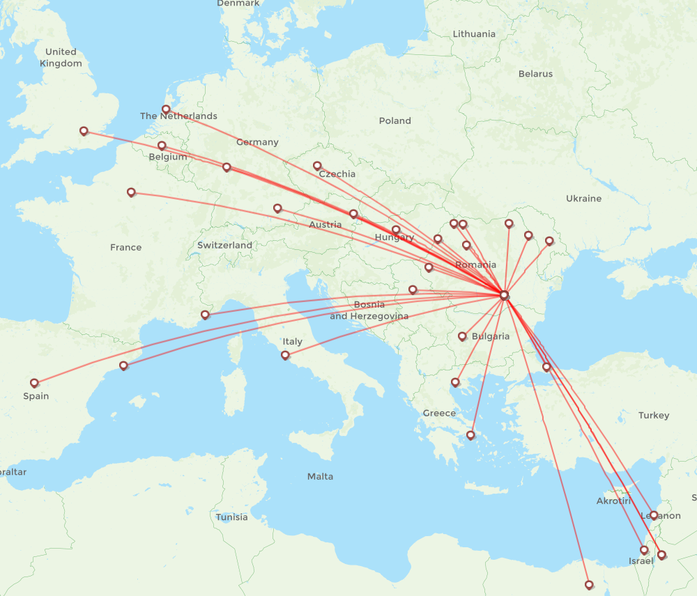 TAROM airline routes (RO) 2024, map - Flight Routes