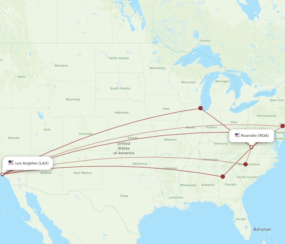 All flight routes from Roanoke to Los Angeles, ROA to LAX - Flight Routes