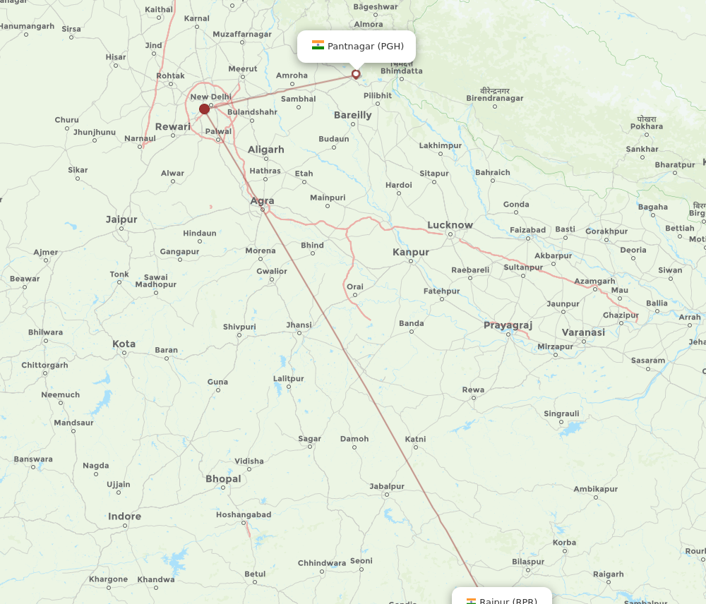 All Flight Routes From Raipur To Pantnagar, RPR To PGH - Flight Routes