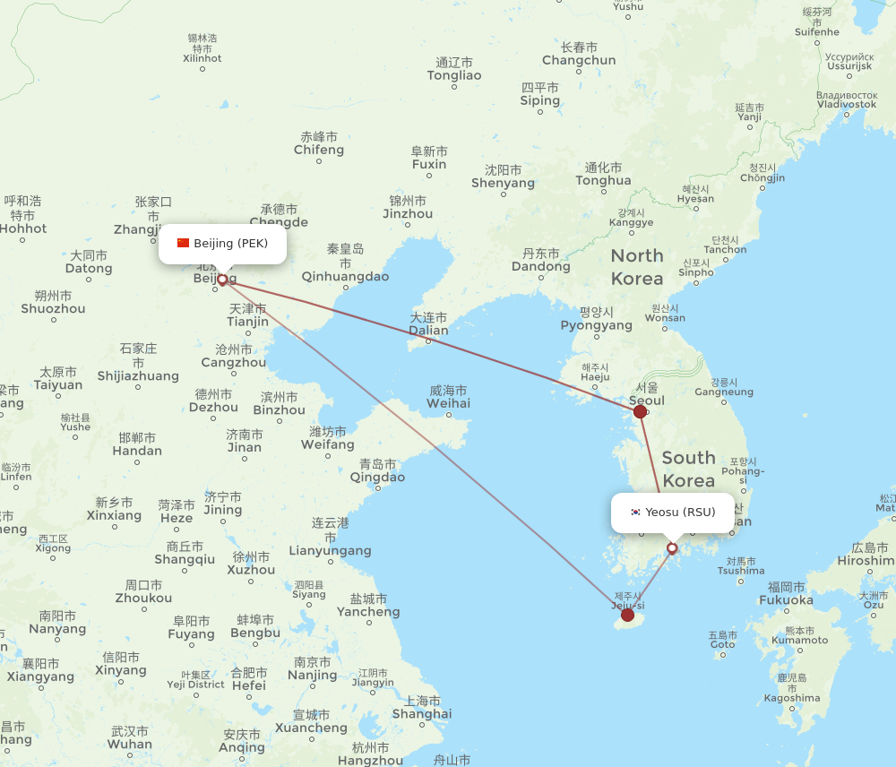 RSU to PEK flights and routes map