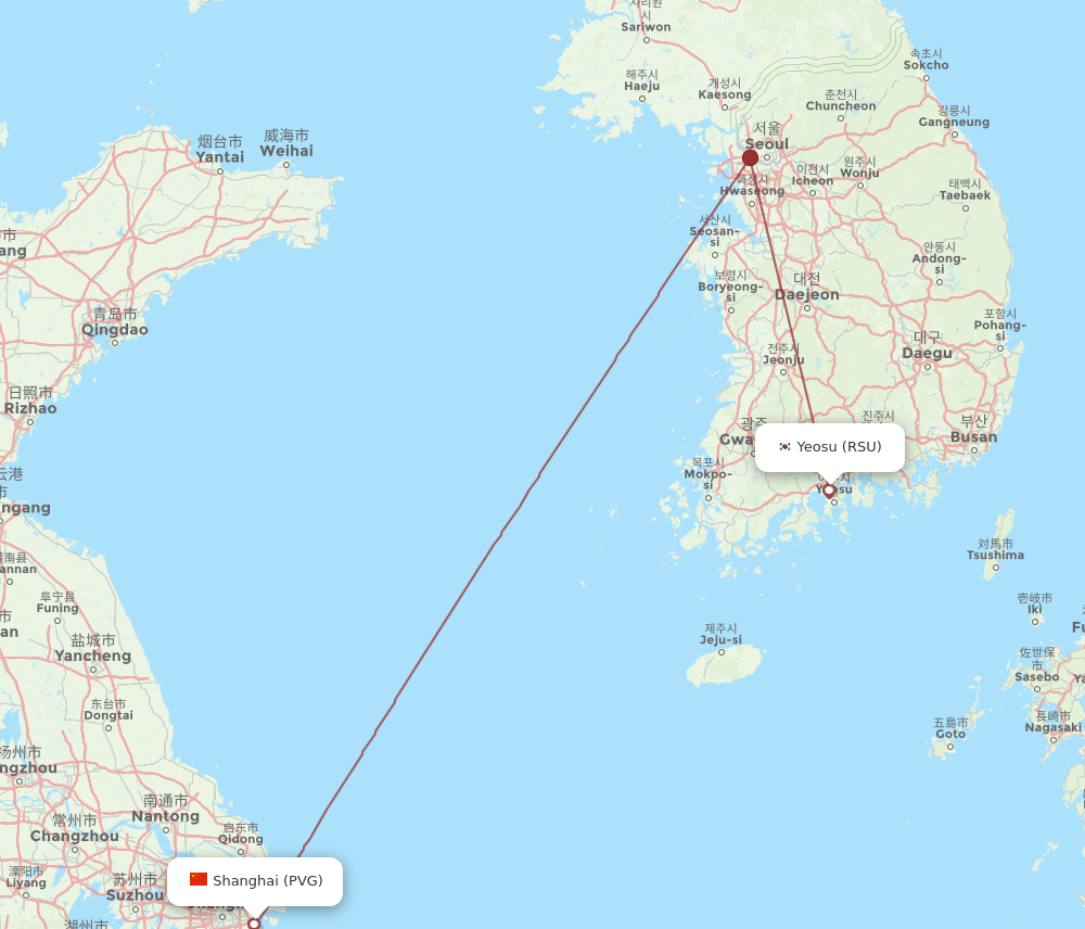 RSU to PVG flights and routes map