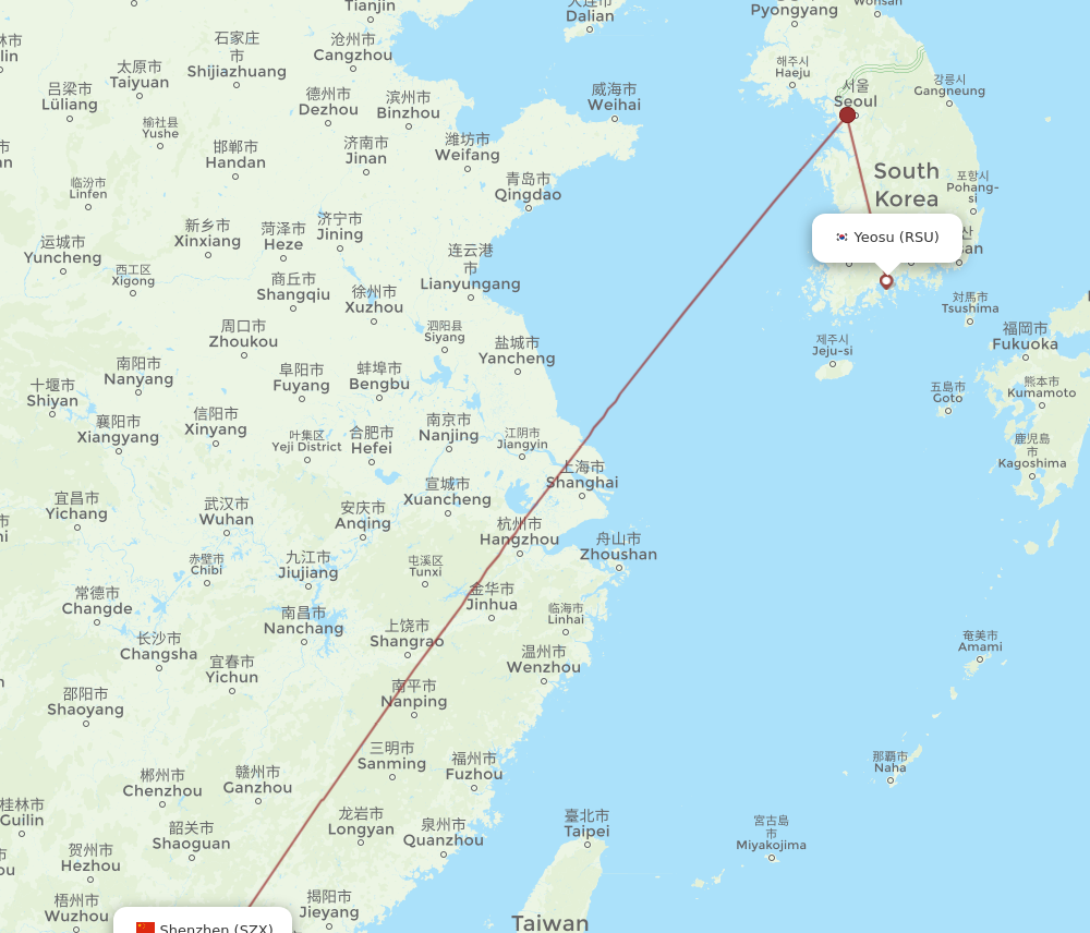 RSU to SZX flights and routes map