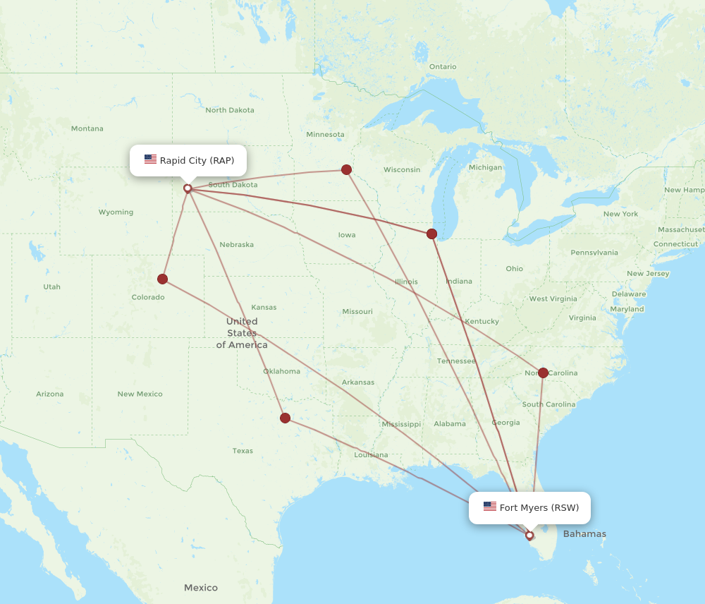 All flight routes from Fort Myers to Rapid City, RSW to RAP - Flight Routes