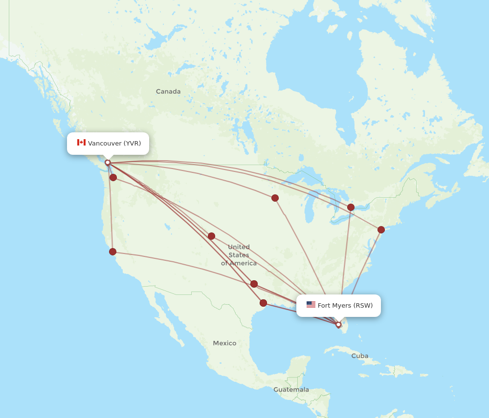 All flight routes from Vancouver to Fort Myers, YVR to RSW - Flight Routes