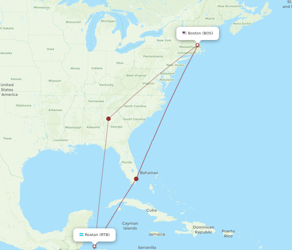 All flight routes from Roatan to Boston, RTB to BOS - Flight Routes