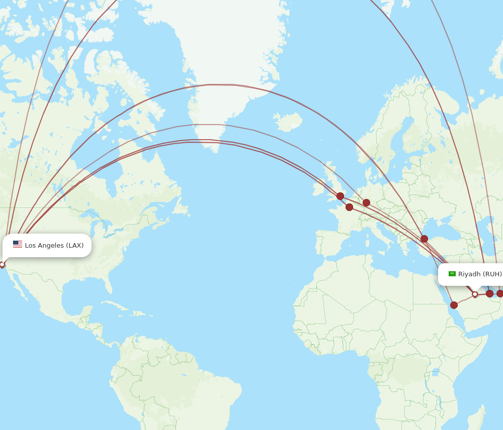 All flight routes from Riyadh to Los Angeles, RUH to LAX - Flight Routes