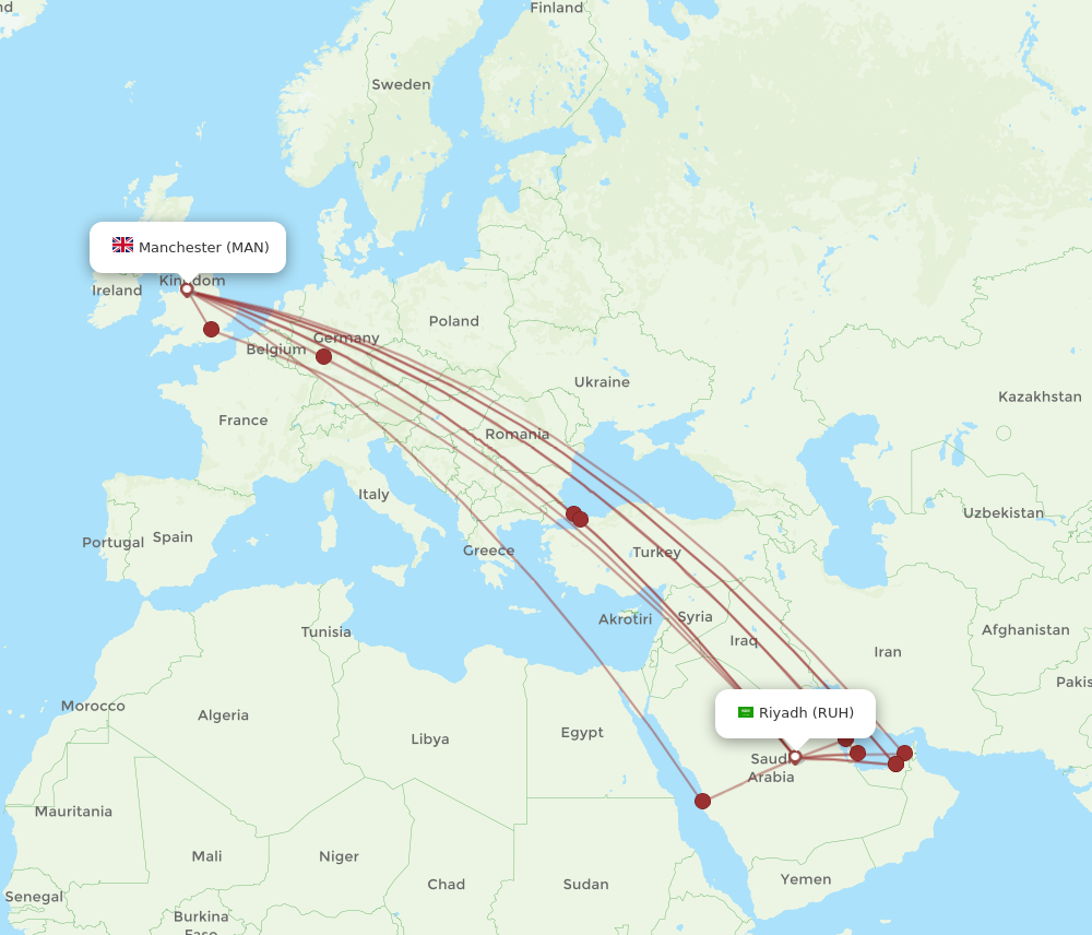 All flight routes from Riyadh to Manchester, RUH to MAN - Flight Routes