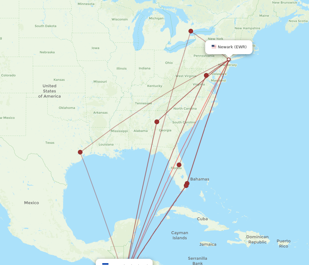 All flight routes from San Salvador to New York, SAL to EWR - Flight Routes