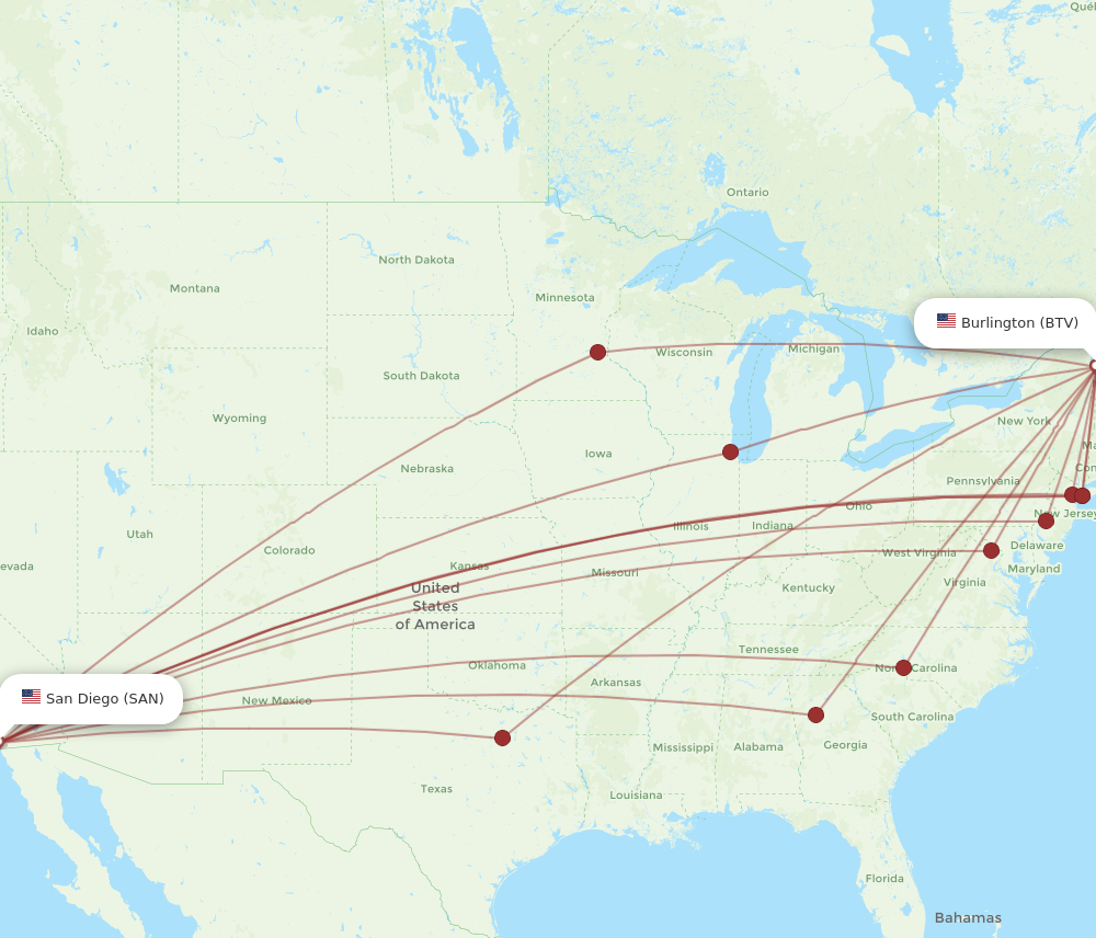 All flight routes from San Diego to Burlington, SAN to BTV - Flight Routes