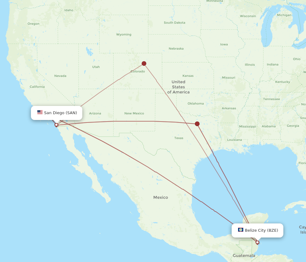 All flight routes from San Diego to Belize City, SAN to BZE - Flight Routes