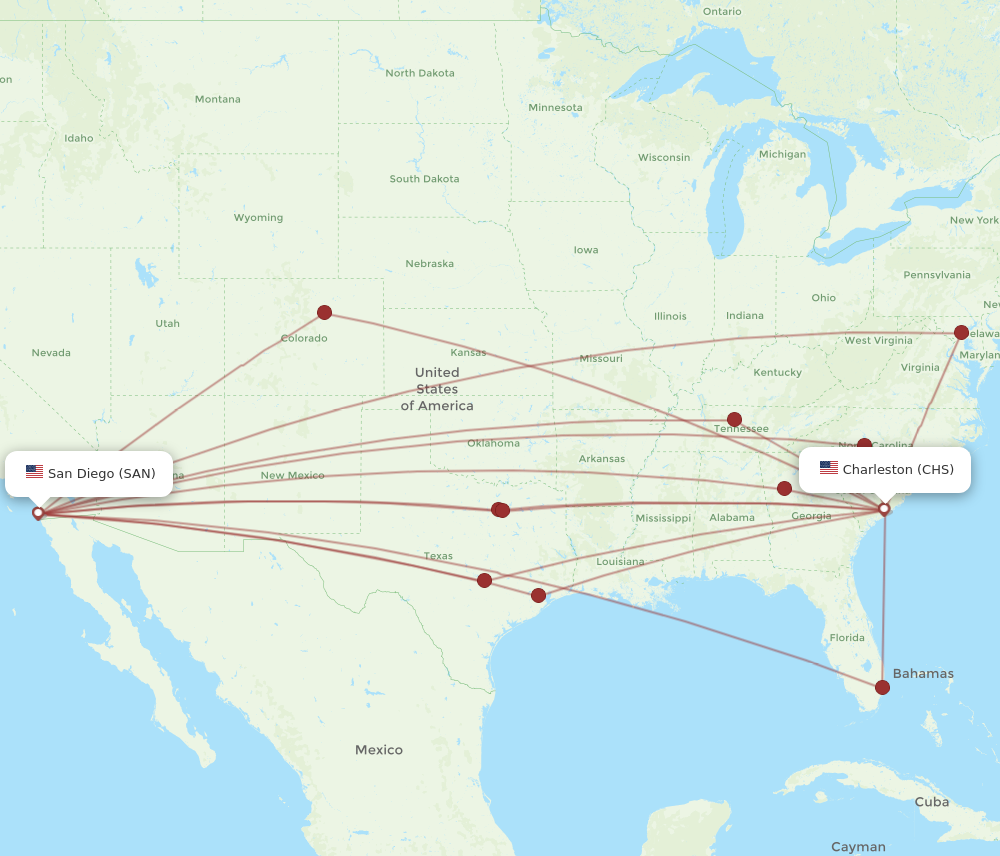 Flights from San Diego to Charleston, SAN to CHS - Flight Routes