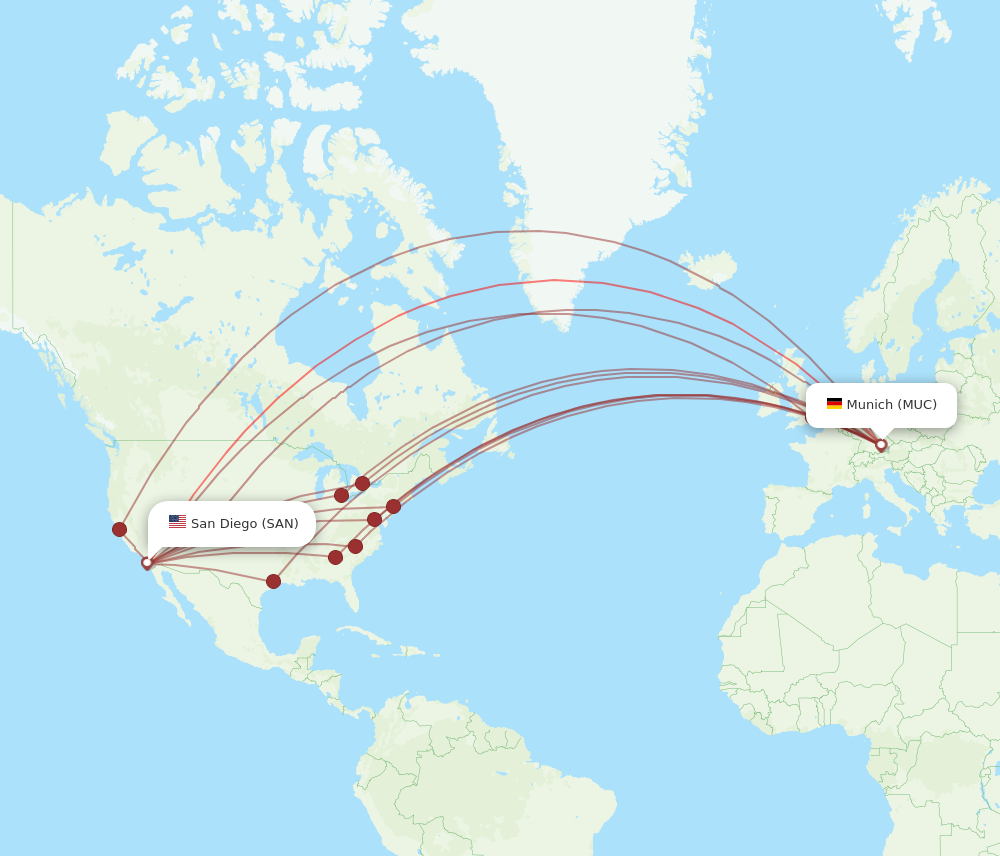 All flight routes from San Diego to Munich, SAN to MUC - Flight Routes