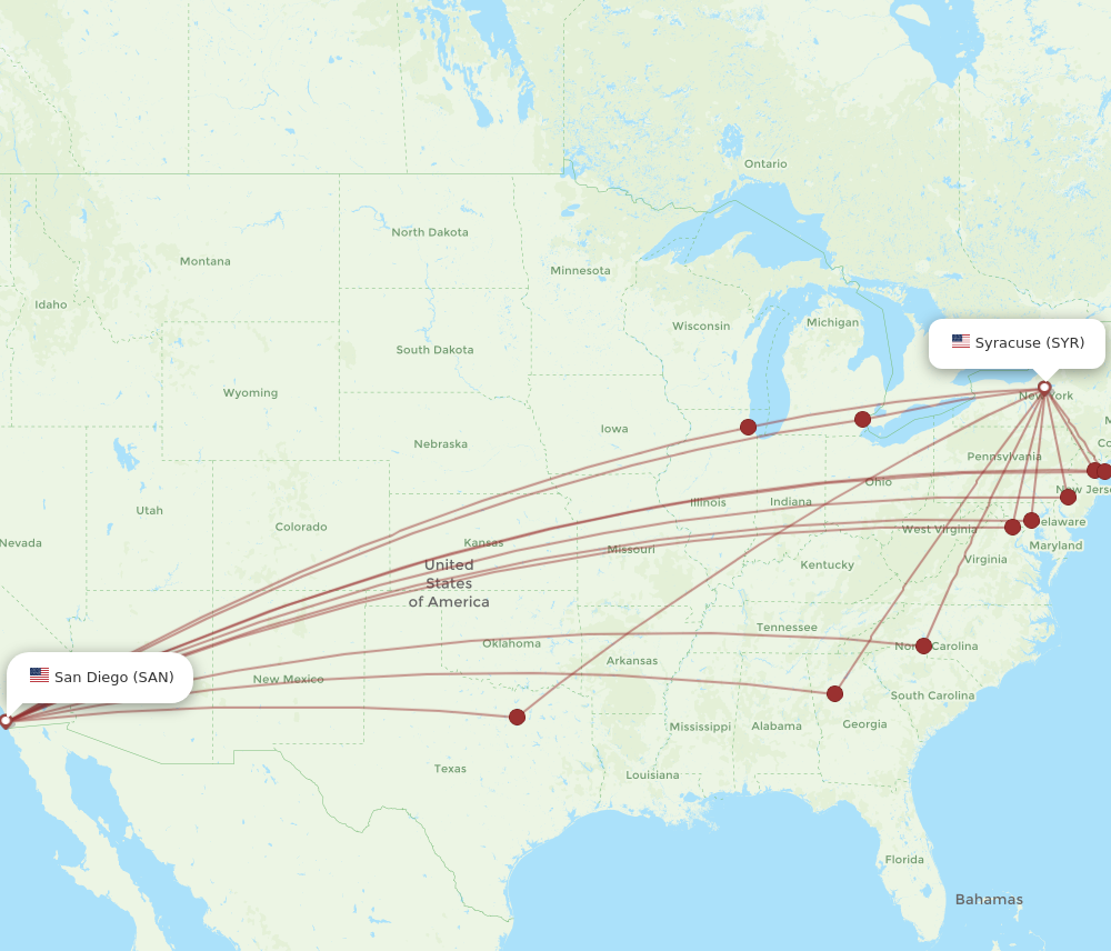 All flight routes from San Diego to Syracuse, SAN to SYR - Flight Routes