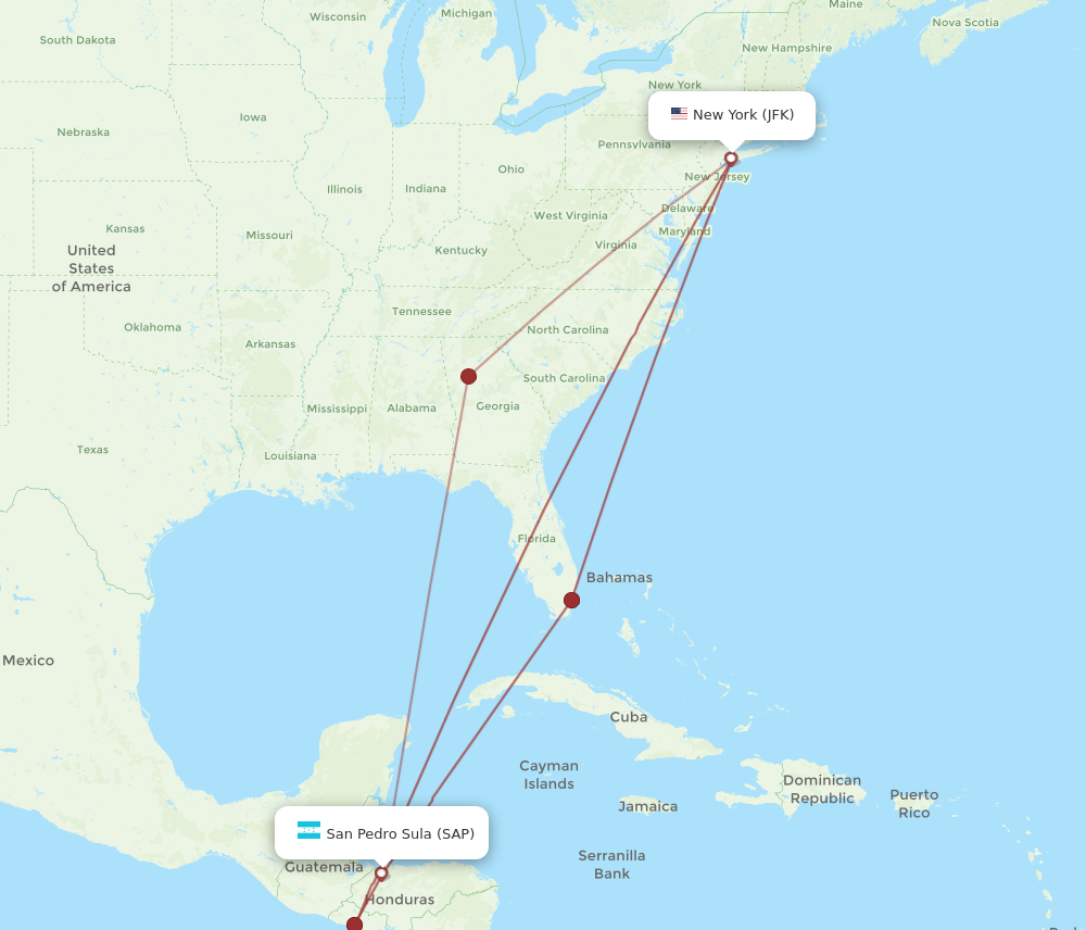 Flights from San Pedro Sula to New York SAP to JFK Flight Routes