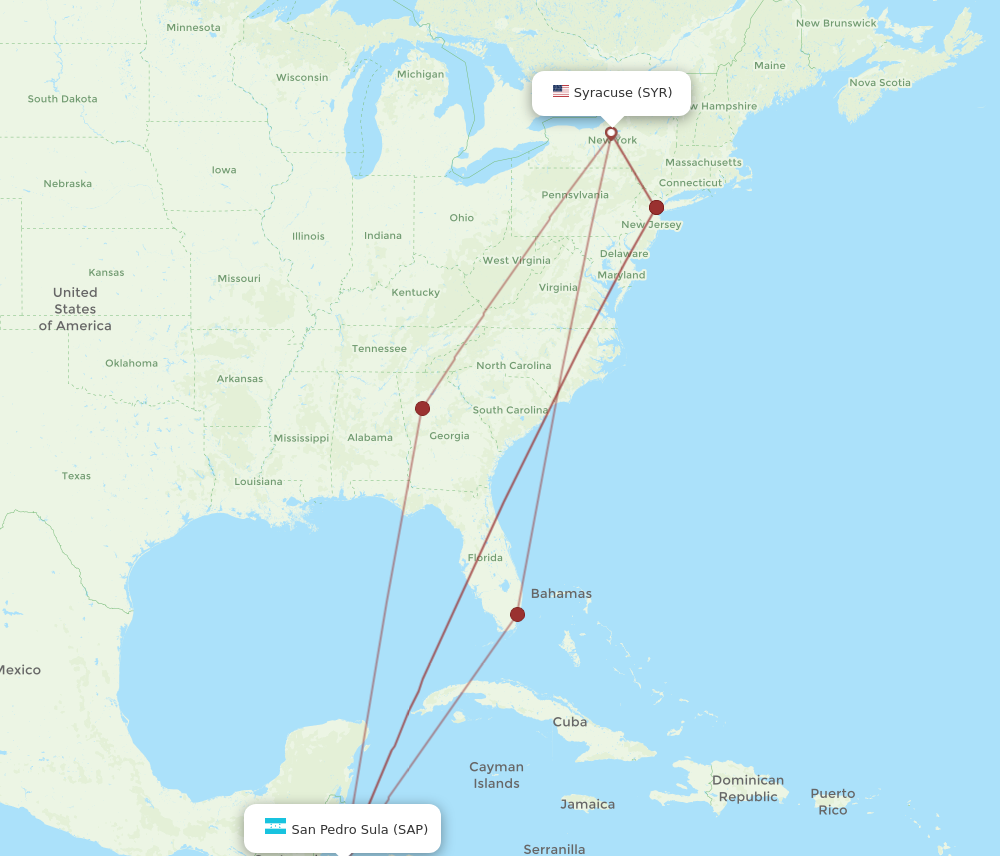 All flight routes from San Pedro Sula to Syracuse, SAP to SYR - Flight ...