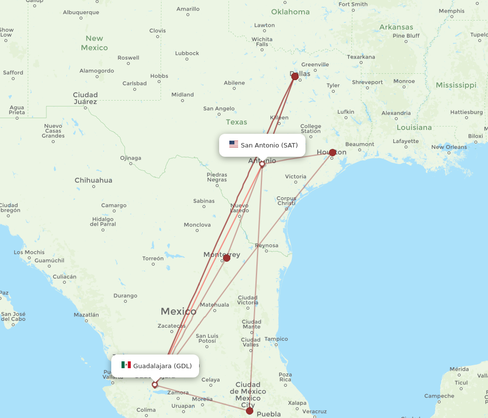 Flights from San Antonio to Guadalajara SAT to GDL Flight Routes