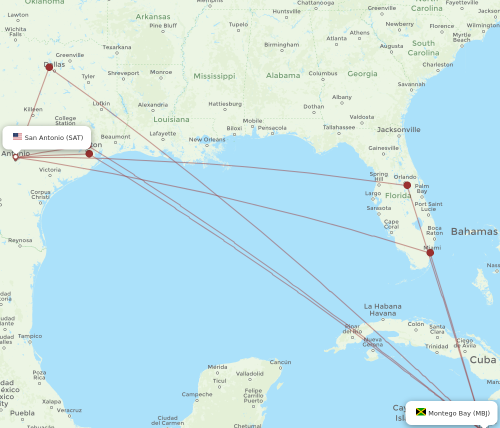 Flights from San Antonio to Montego Bay SAT to MBJ Flight Routes