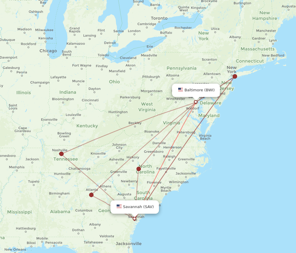 Flights from Savannah to Baltimore SAV to BWI Flight Routes