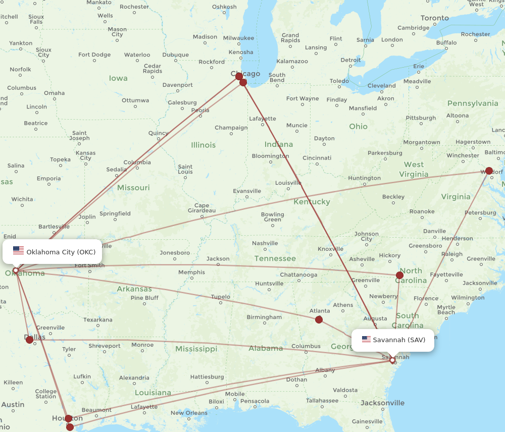 Flights from Savannah to Oklahoma City SAV to OKC Flight Routes