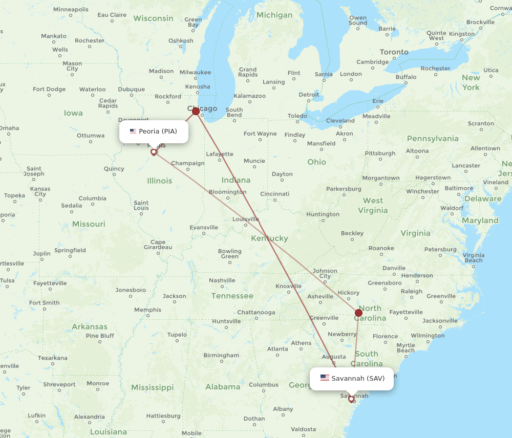 Flights from Savannah to Peoria SAV to PIA Flight Routes