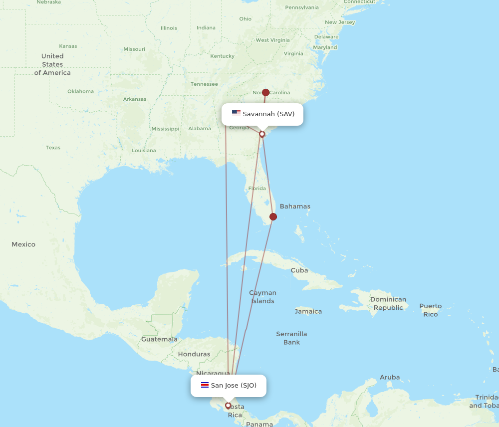 Flights from Savannah to San Jose SAV to SJO Flight Routes