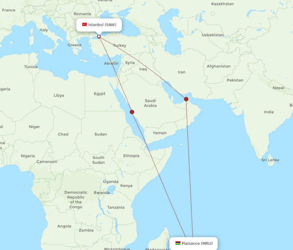 Flights from Istanbul to Mauritius SAW to MRU Flight Routes