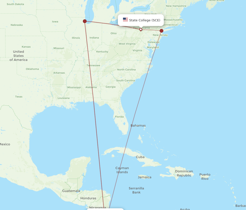 Flights from State College to San Jose SCE to SJO Flight Routes