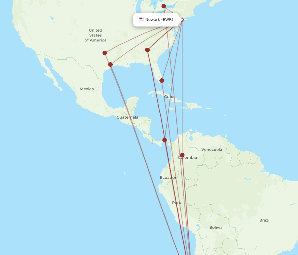 All flight routes from Santiago to New York, SCL to EWR - Flight Routes