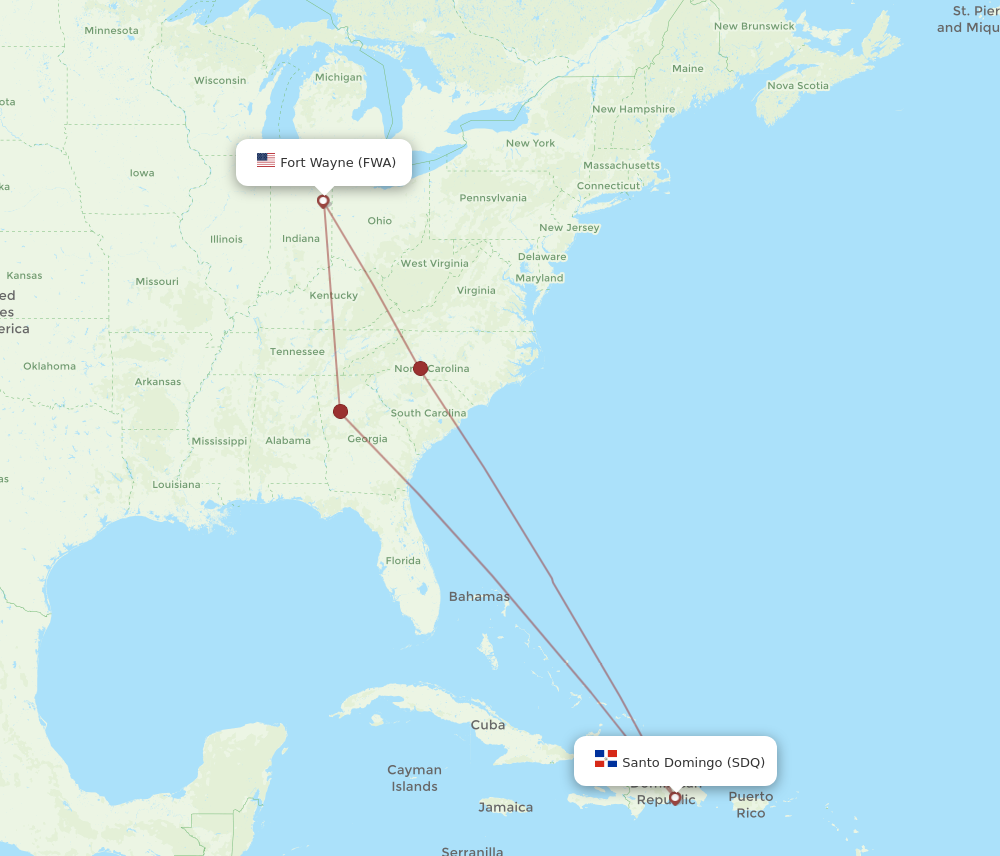 Flights from Santo Domingo to Fort Wayne, SDQ to FWA Flight Routes