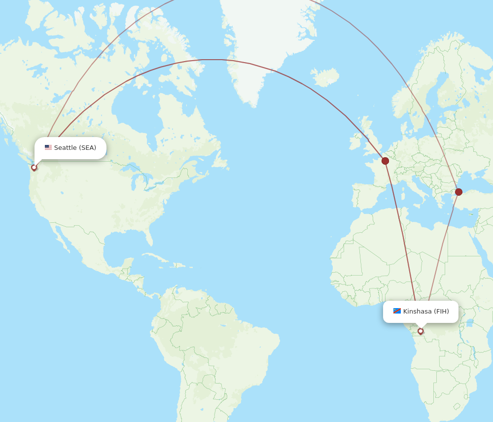 All flight routes from Seattle to Kinshasa, SEA to FIH - Flight Routes