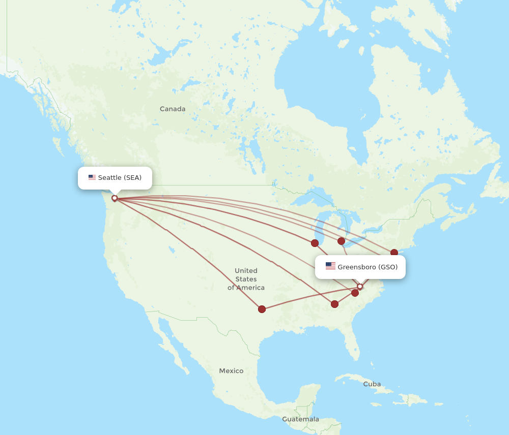 All flight routes from Seattle to Greensboro/High Point, SEA to GSO ...