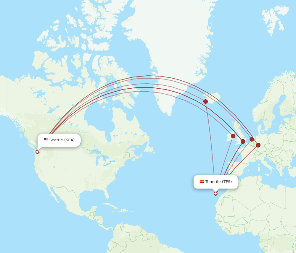 All flight routes from Seattle to Tenerife, SEA to TFS - Flight Routes