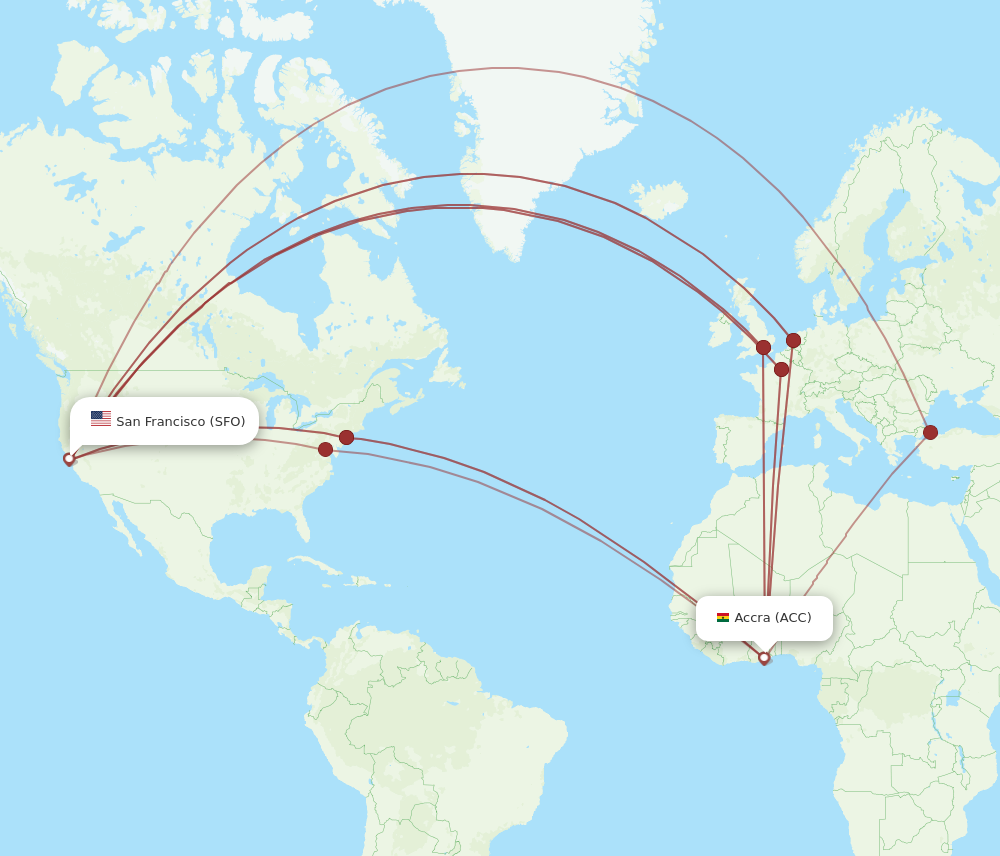 All flight routes from San Francisco to Accra, SFO to ACC - Flight Routes