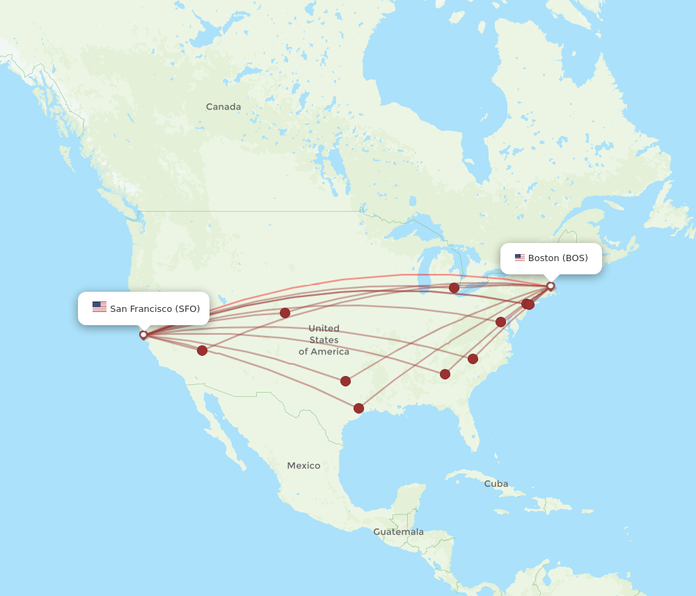 All flight routes from San Francisco to Boston, SFO to BOS Flight Routes