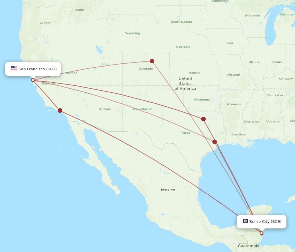 All flight routes from San Francisco to Belize City, SFO to BZE ...