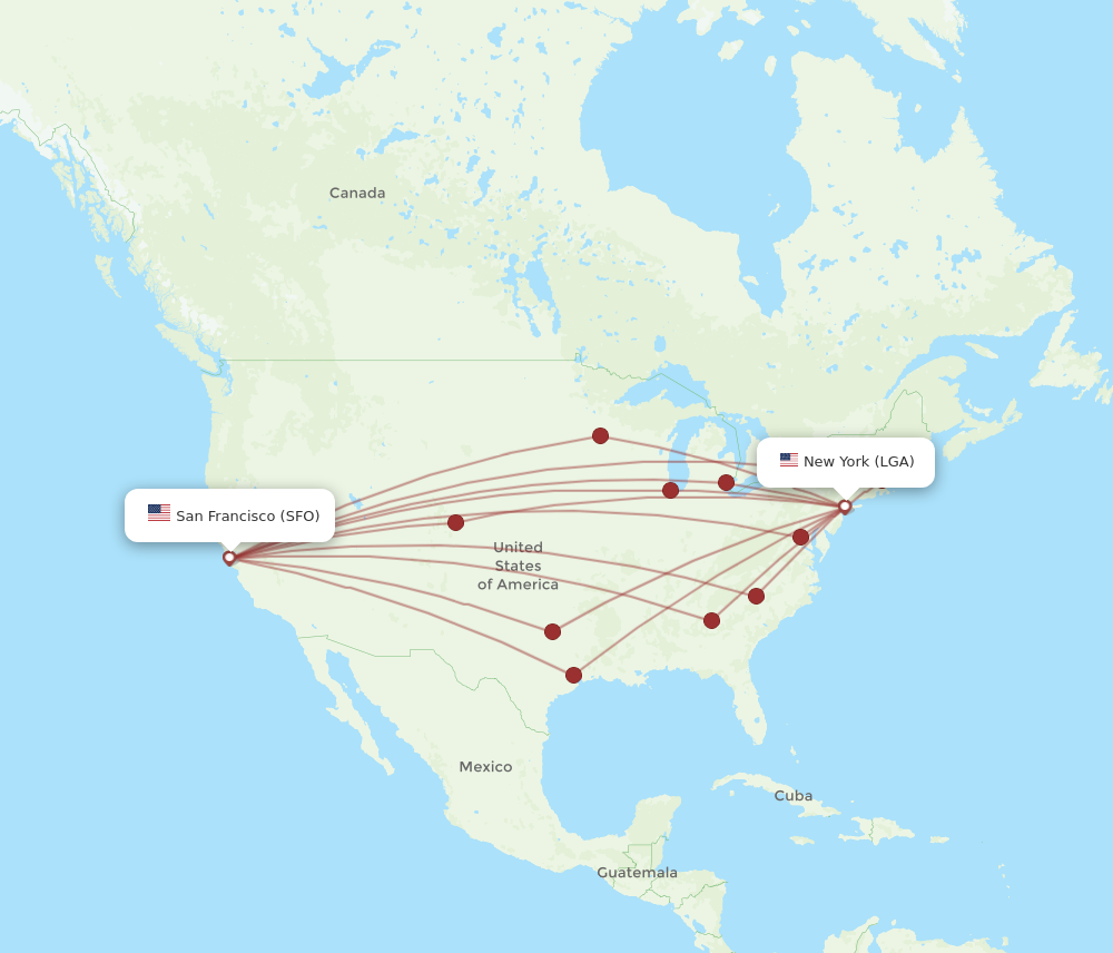 All flight routes from San Francisco to New York, SFO to LGA Flight