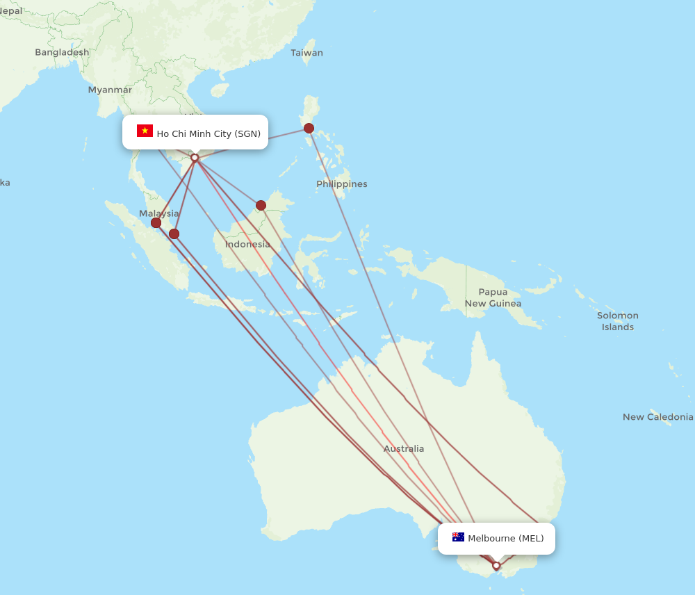 All flight routes from Ho Chi Minh City to Melbourne, SGN to MEL ...