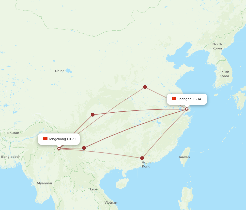 Flights from Shanghai to Tengchong SHA to TCZ Flight Routes