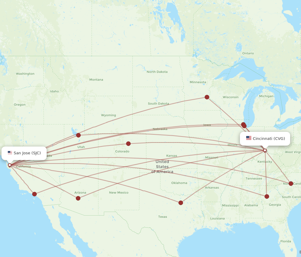 All flight routes from San Jose to Cincinnati, SJC to CVG - Flight Routes