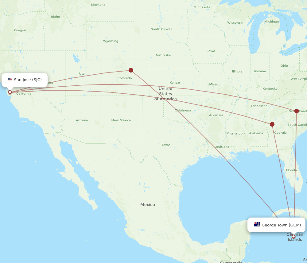 Flights from San Jose to Grand Cayman Island, SJC to GCM - Flight Routes