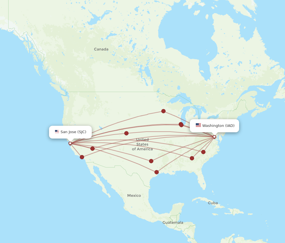 All flight routes from San Jose to Dulles, SJC to IAD - Flight Routes