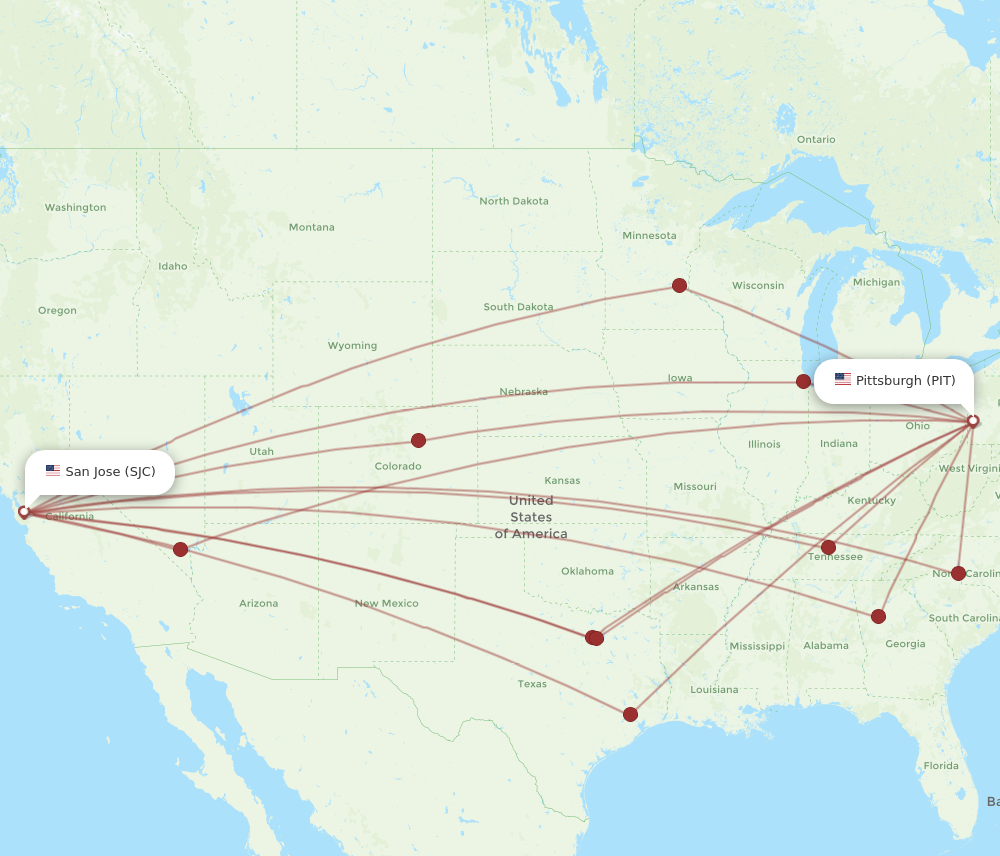 All flight routes from San Jose to Pittsburgh, SJC to PIT - Flight Routes