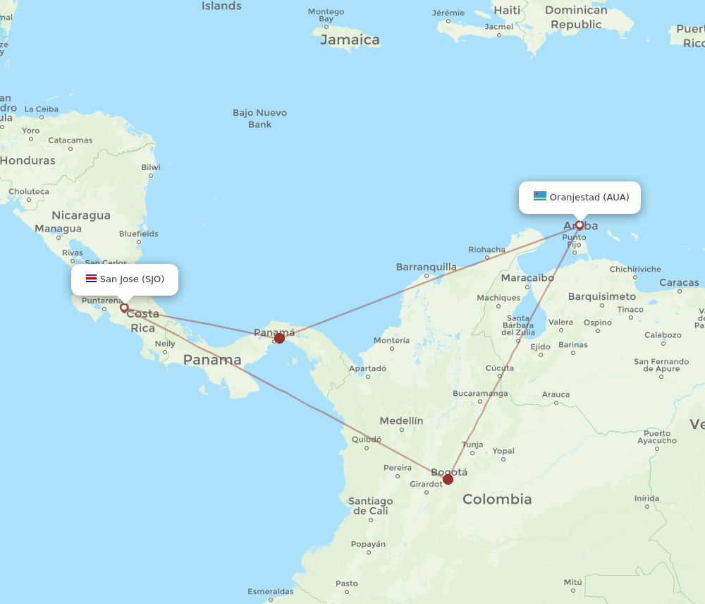 Flights from San Jose to Aruba SJO to AUA Flight Routes