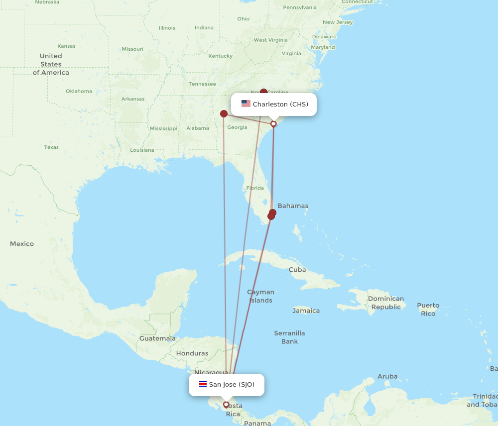 All Flight Routes From San Jose To Charleston, Sjo To Chs - Flight Routes